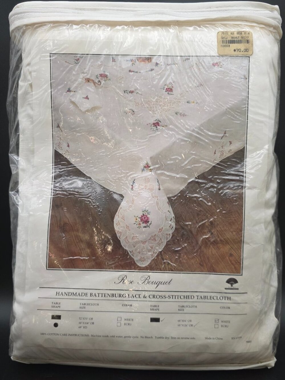 NEW VTG Hand Embroidered CrossStitch Lace Tablecloth 68”x126" rectangle OB